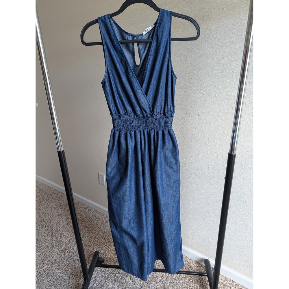 Rebellion Denim Wide Leg Jumpsuit Smocked Waist V-Neck Sleeveless Small